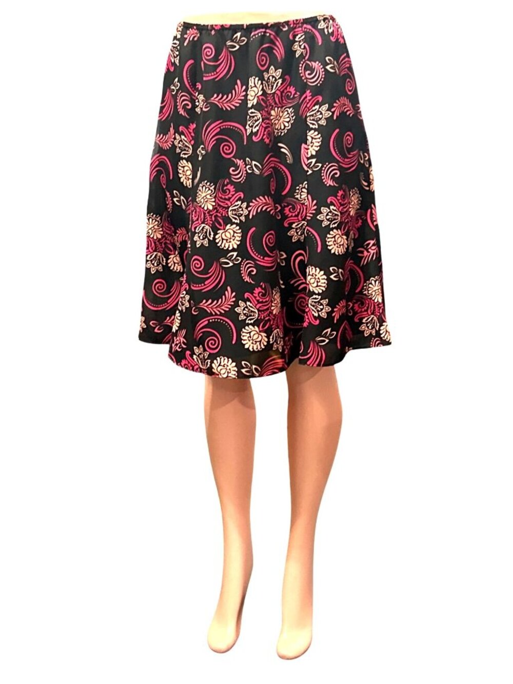 Black Pink Floral Mid Length Skirt Size 10P Flowy Elastic Waist Vibrant Pattern